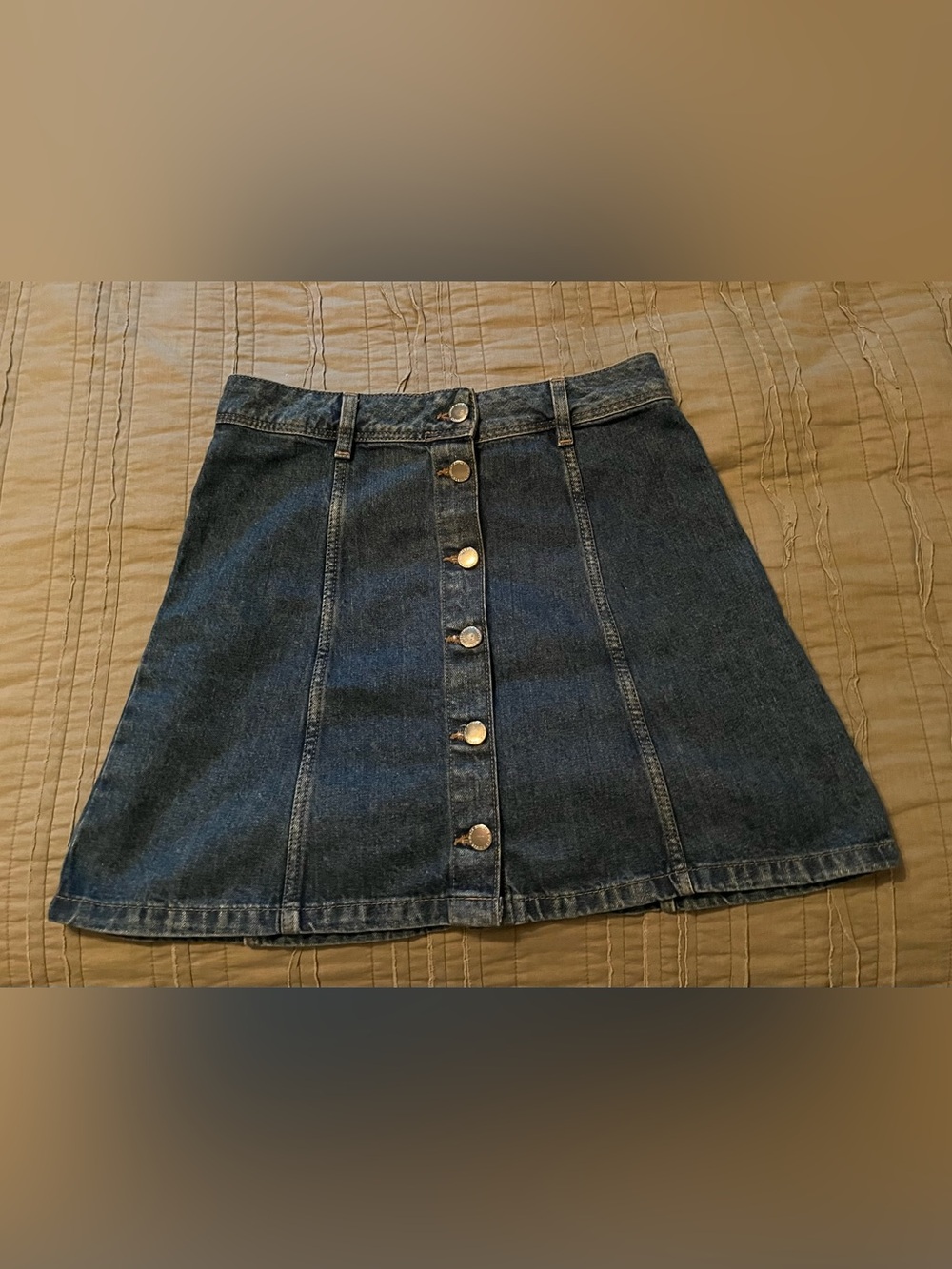 Divided Button-Front A-Line Denim Skirt - Blue